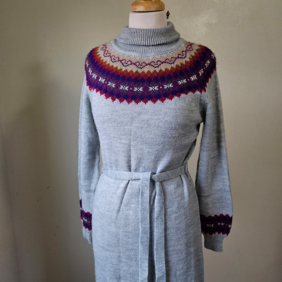 Vintage 70s 80s Celebration Grey Fair Isle Turtleneck Sweater Dress Belt Midi M - Picture 2 of 8